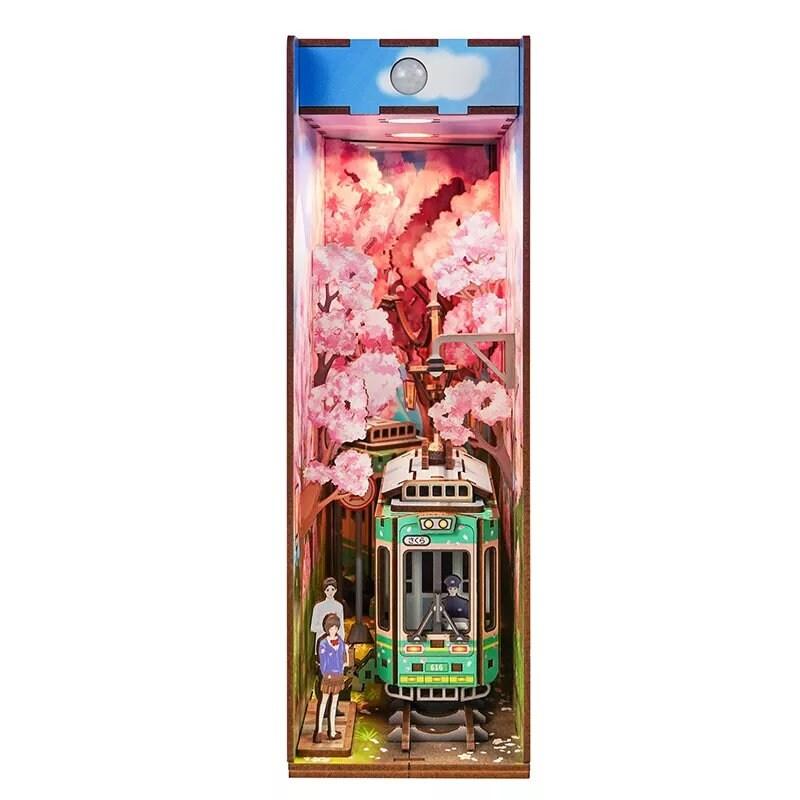 Sakura Train Book Nook - DIY Book Nook Kits Book Doll House Book Shelf Insert Book Scenery Bookends Bookcase with Light Model Building Kit - Rajbharti Crafts