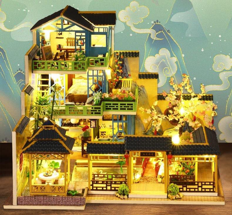 Inherit Design Japanese Villa Miniature Dollhouse DIY Dollhouse Kits Three Story Traditional Villa Dollhouse Japanese Dollhouses DIY Crafts - Rajbharti Crafts