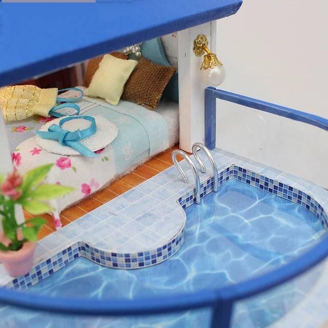 Beach Side Dollhouse DIY Dollhouse Kits Miniature Villa Sea Side Villa with Lighthouse, Swimming Pool DIY Dollhouse Kit With Free LED Lights - Rajbharti Crafts