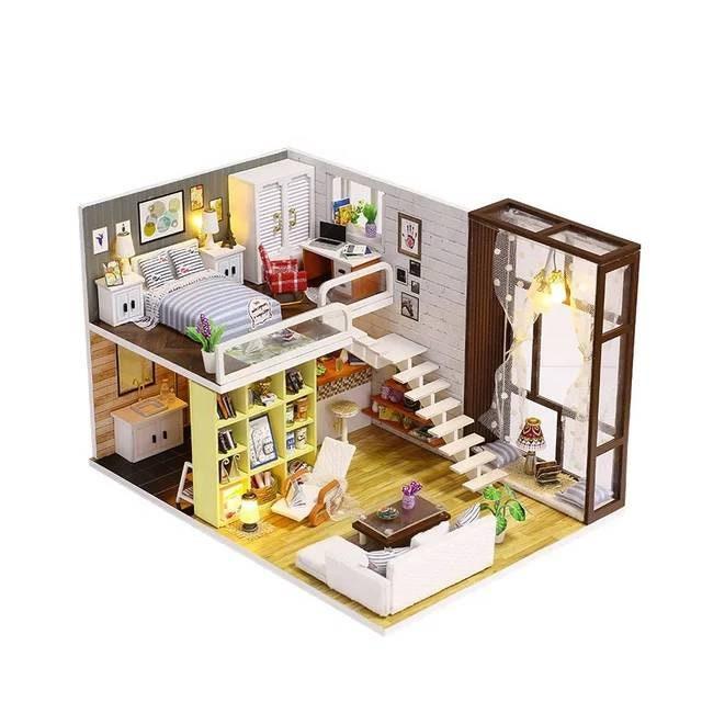 Miniature Dollhouse - DIY Dollhouse Kit - Contracted City Apartment Dollhouse Modern Style Living Room Duplex Miniature Kit Adult Crafts Kit - Rajbharti Crafts