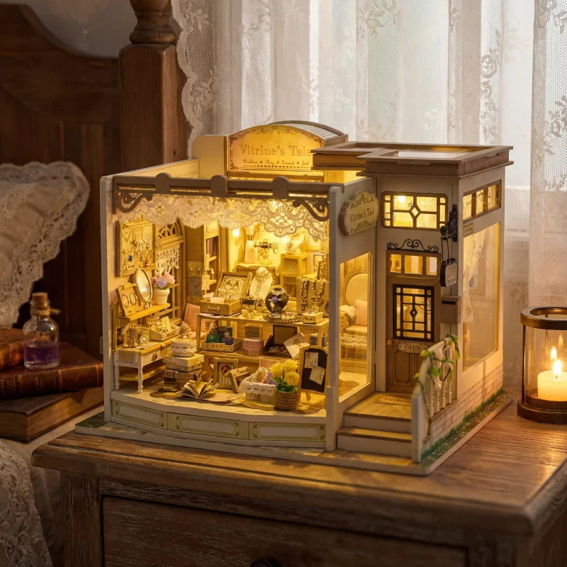 DIY Dollhouse Kit Vitrine's Tale Miniature Jewelry Shop Casa 3D Wooden Puzzles Miniature Diorama Scenery Adult Crafts