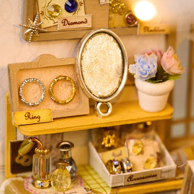DIY Dollhouse Kit Vitrine's Tale Miniature Jewelry Shop Casa 3D Wooden Puzzles Miniature Diorama Scenery Adult Crafts
