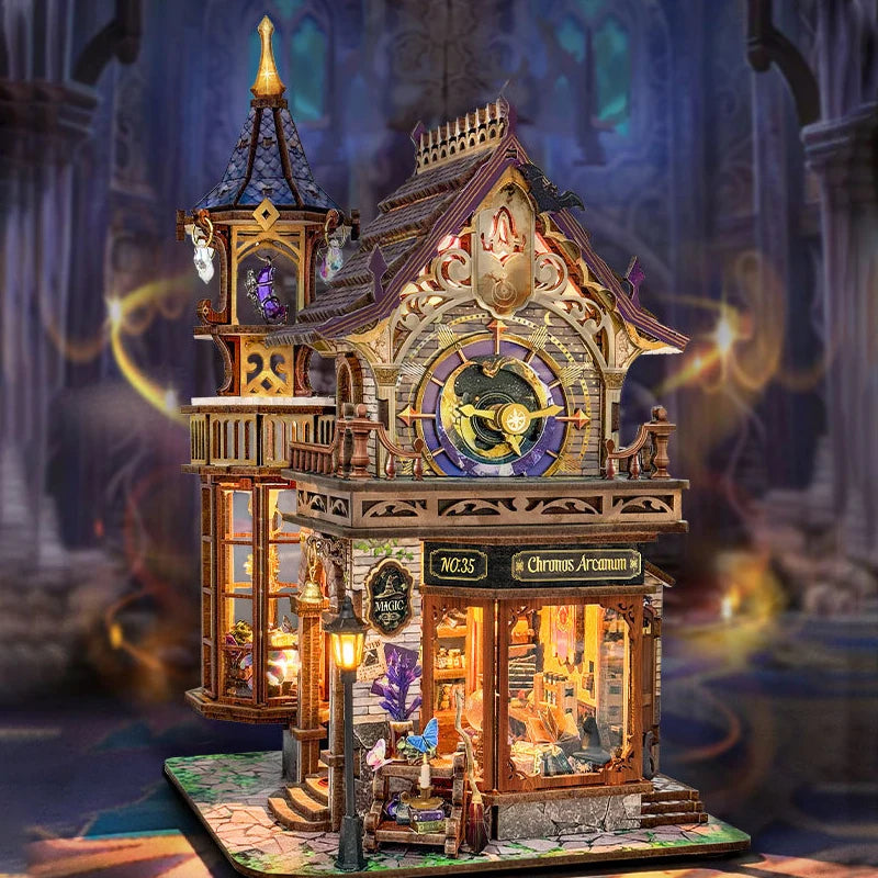 DIY Dollhouse Kit Time Magic Club Miniature House Clock Tower Casa 3D Wooden Puzzles Miniature Diorama Scenery Adult Crafts