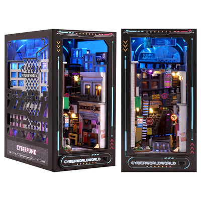 DIY Book Nook Kit Cyber World DIY Bookend Cyberpunk Alley Diorama Scenery Bookshelf Decor 3D Wooden Puzzles