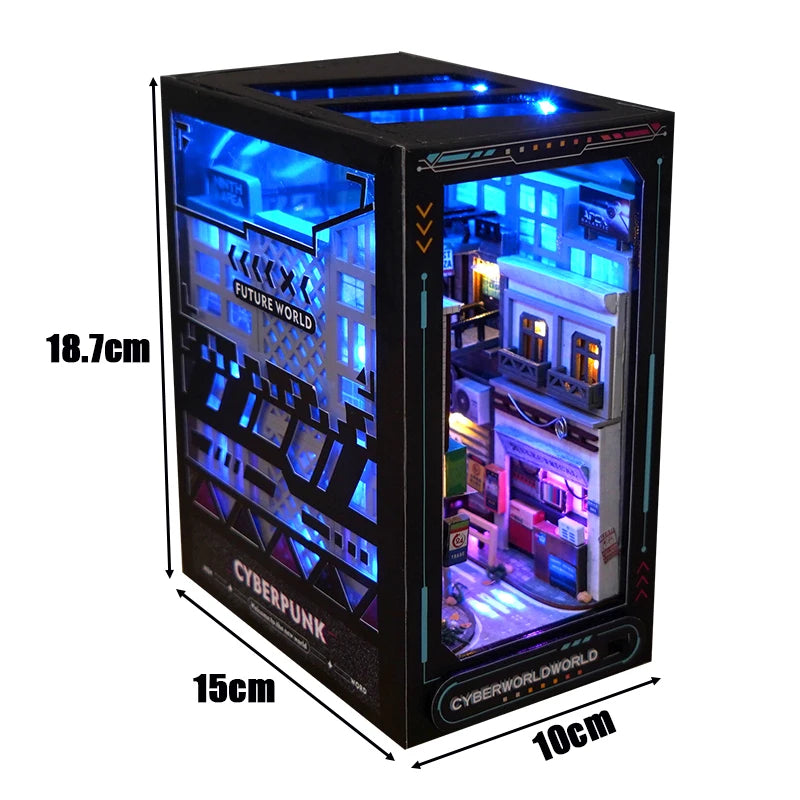 DIY Book Nook Kit Cyber World DIY Bookend Cyberpunk Alley Diorama Scenery Bookshelf Decor 3D Wooden Puzzles
