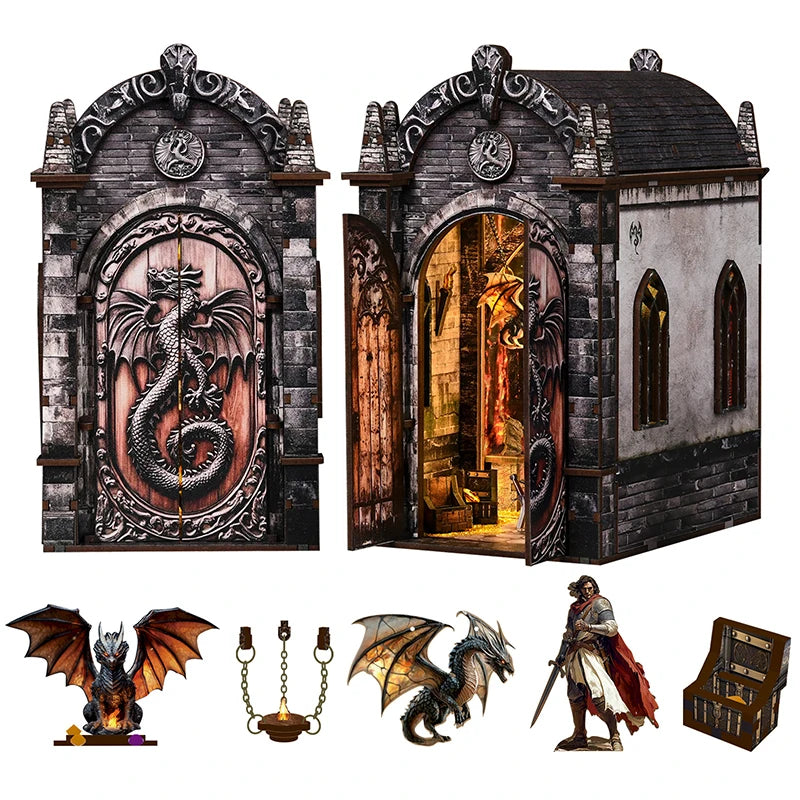DIY Book Nook Kit Dragons Treasure Labyrinth DIY Bookend Game OF Thrones Diorama Scenery Bookshelf Decor 3D Wooden Puzzles
