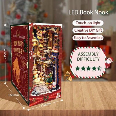 DIY Book Nook Kit Christmas Alley DIY Bookend Snowy Moonlight Diorama Scenery Bookshelf Decor 3D Wooden Puzzles