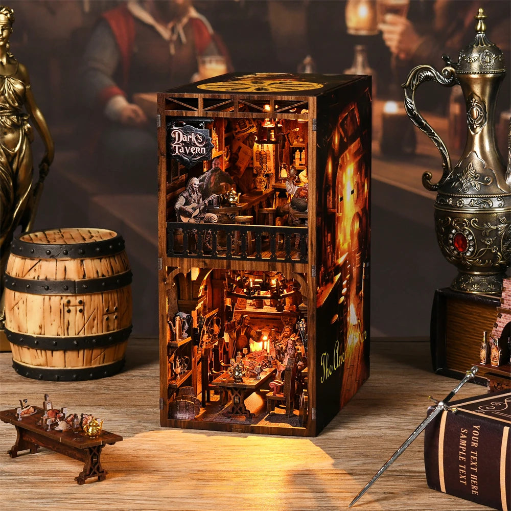 DIY Book Nook Kit Dark Tavern DIY Bookend Public House Diorama Scenery Bookshelf Decor 3D Wooden Puzzles