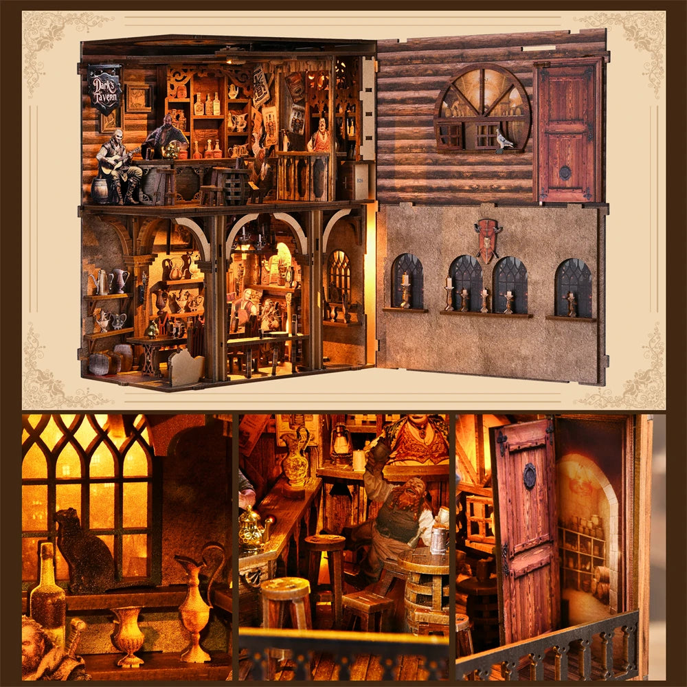 DIY Book Nook Kit Dark Tavern DIY Bookend Public House Diorama Scenery Bookshelf Decor 3D Wooden Puzzles