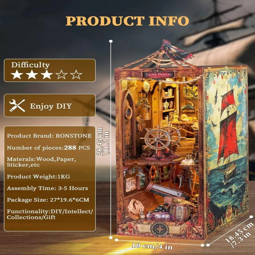 DIY Book Nook Kit Lucky Pirates DIY Bookend Corsair Diorama Scenery Bookshelf Decor 3D Wooden Puzzles