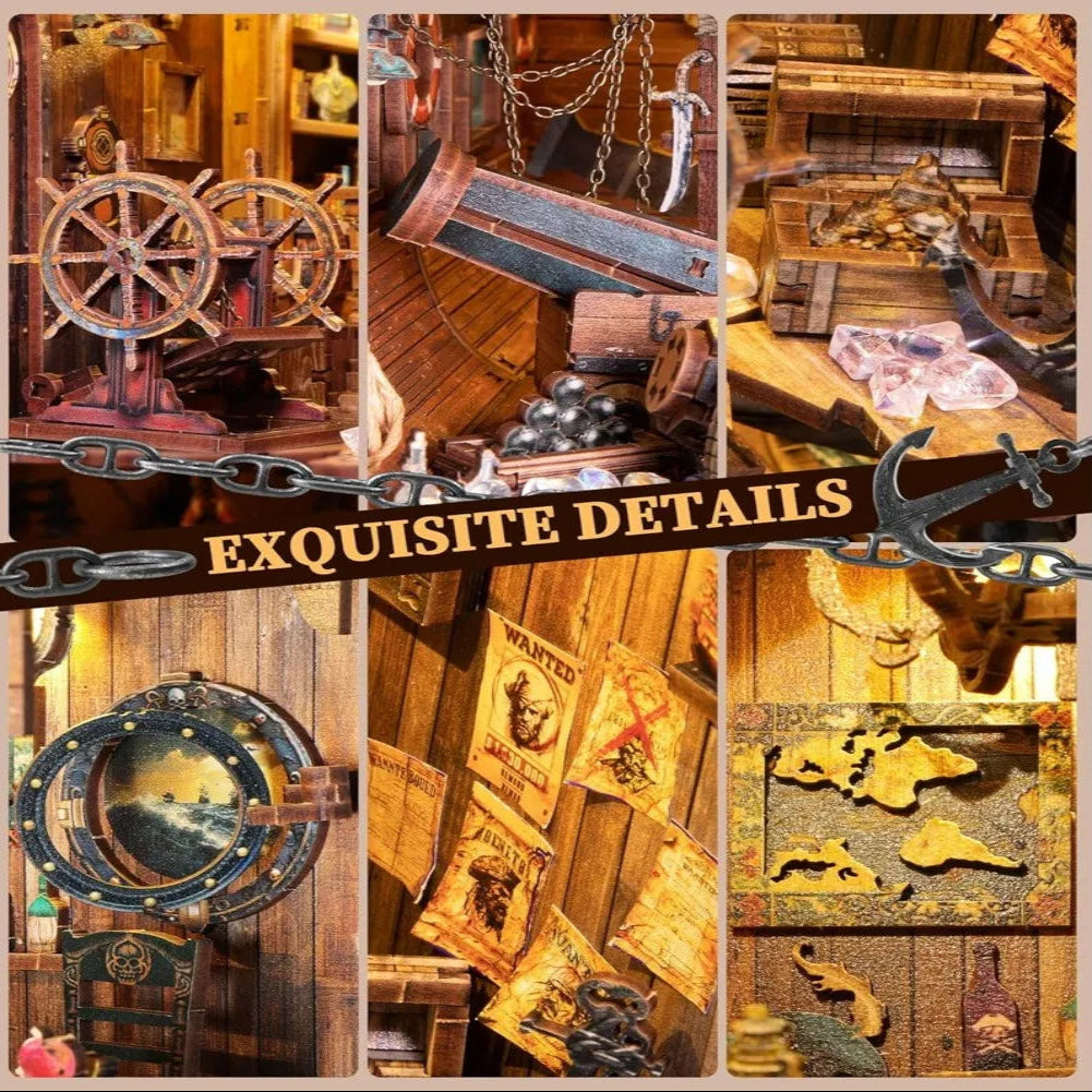 DIY Book Nook Kit Lucky Pirates DIY Bookend Corsair Diorama Scenery Bookshelf Decor 3D Wooden Puzzles