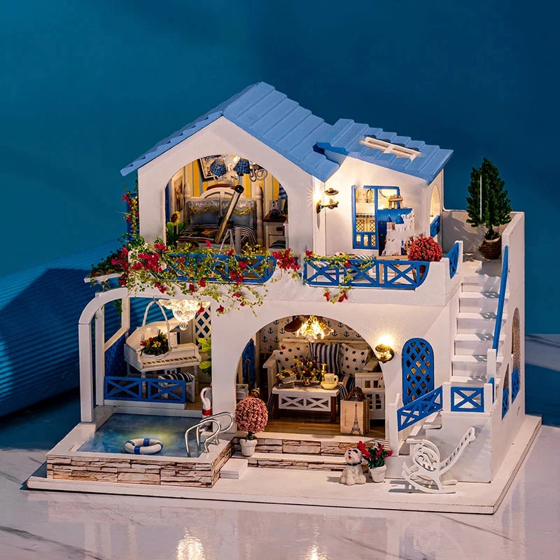 DIY Dollhouse Kit Blue Sea Villa Miniature House Casa 3D Wooden Puzzles Miniature Swimming Pool Diorama Scenery Adult Crafts