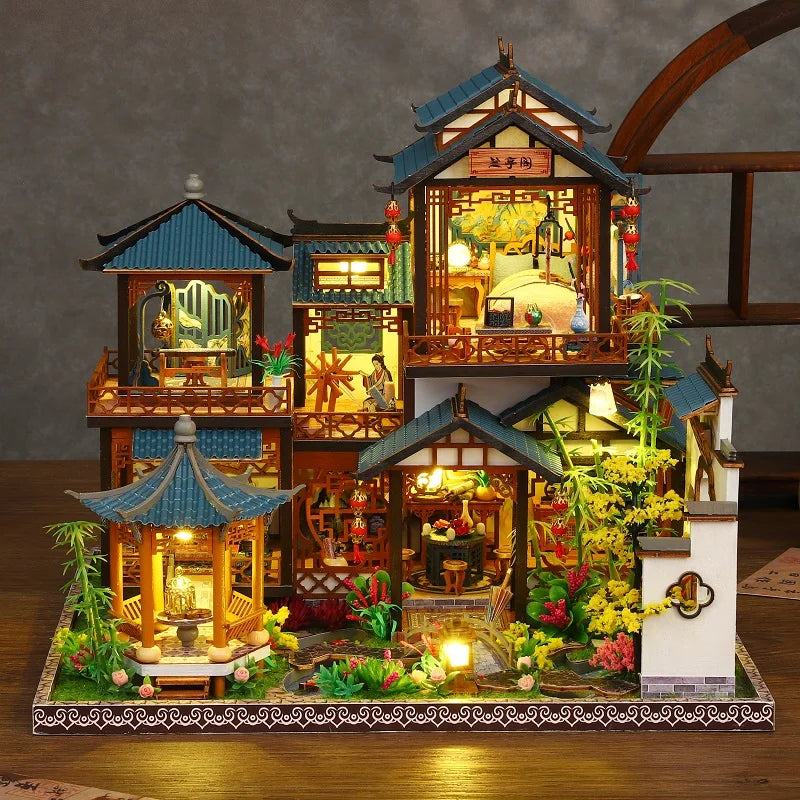 DIY Dollhouse Kit Lan Ting Pavilion Miniature House Casa 3D Wooden Puzzles Japanese Miniature Diorama Scenery Adult Crafts