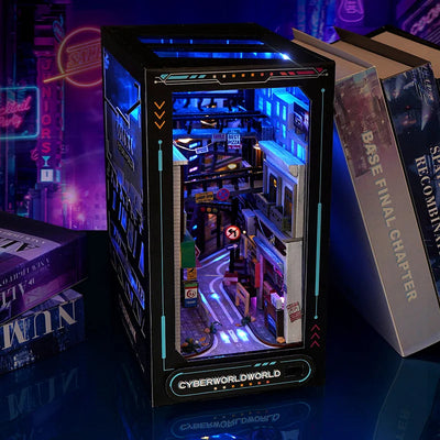 DIY Book Nook Kit Cyber World DIY Bookend Cyberpunk Alley Diorama Scenery Bookshelf Decor 3D Wooden Puzzles