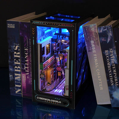 DIY Book Nook Kit Cyber World DIY Bookend Cyberpunk Alley Diorama Scenery Bookshelf Decor 3D Wooden Puzzles