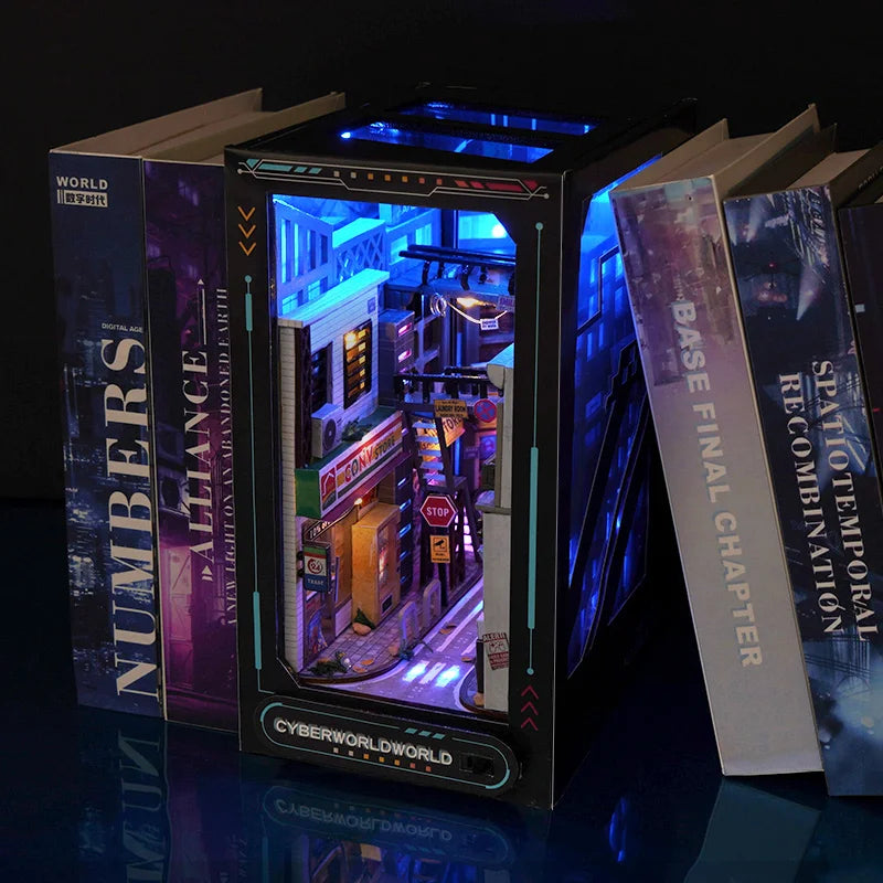 DIY Book Nook Kit Cyber World DIY Bookend Cyberpunk Alley Diorama Scenery Bookshelf Decor 3D Wooden Puzzles