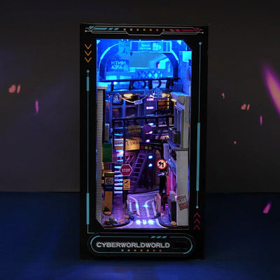 DIY Book Nook Kit Cyber World DIY Bookend Cyberpunk Alley Diorama Scenery Bookshelf Decor 3D Wooden Puzzles