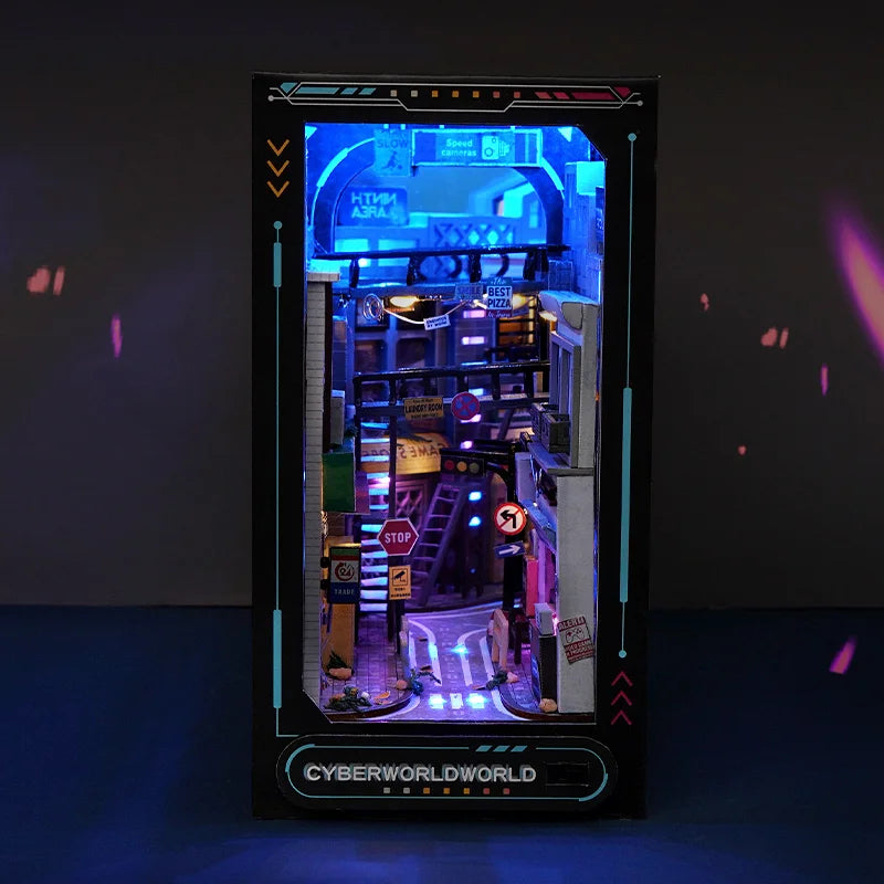 DIY Book Nook Kit Cyber World DIY Bookend Cyberpunk Alley Diorama Scenery Bookshelf Decor 3D Wooden Puzzles