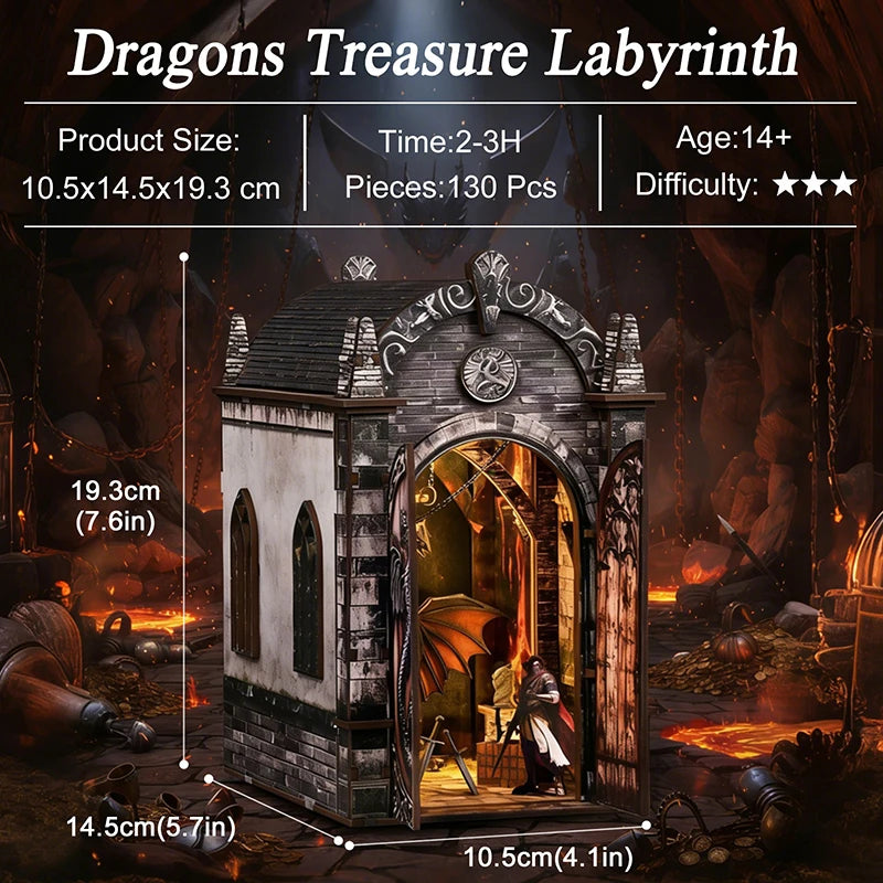 DIY Book Nook Kit Dragons Treasure Labyrinth DIY Bookend Game OF Thrones Diorama Scenery Bookshelf Decor 3D Wooden Puzzles