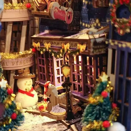 DIY Book Nook Kit Christmas Alley DIY Bookend Snowy Moonlight Diorama Scenery Bookshelf Decor 3D Wooden Puzzles