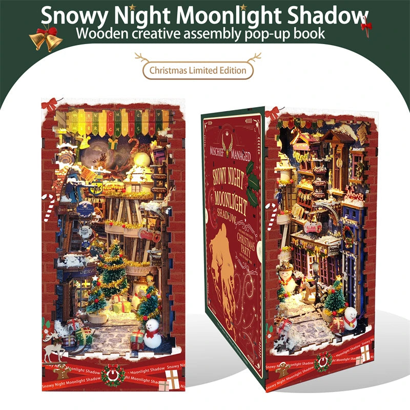 DIY Book Nook Kit Christmas Alley DIY Bookend Snowy Moonlight Diorama Scenery Bookshelf Decor 3D Wooden Puzzles