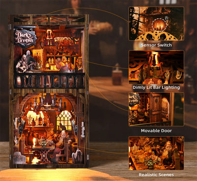 DIY Book Nook Kit Dark Tavern DIY Bookend Public House Diorama Scenery Bookshelf Decor 3D Wooden Puzzles