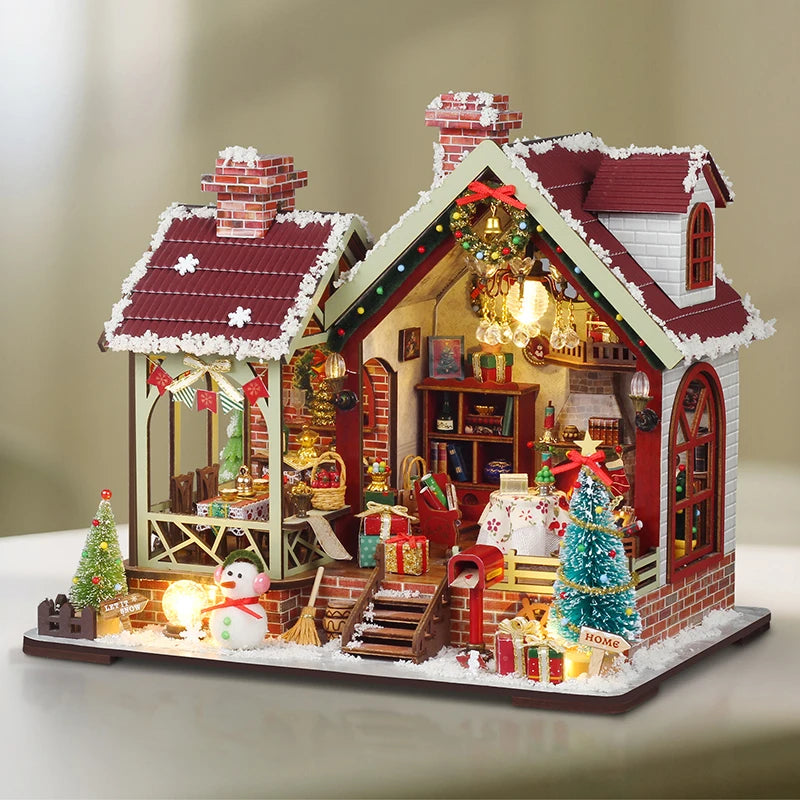 DIY Dollhouse Kit Christmas Lodge Miniature House Christmas Decor Gifts 3D Wooden Puzzles