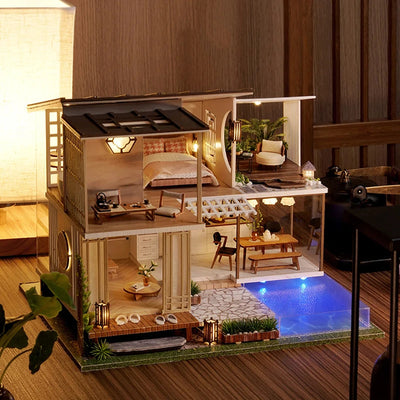 DIY Dollhouse Kit Modern Loft Casa Miniature House With Swimming Pool 3D Wooden Puzzles Diorama Scenery Craft Kits
