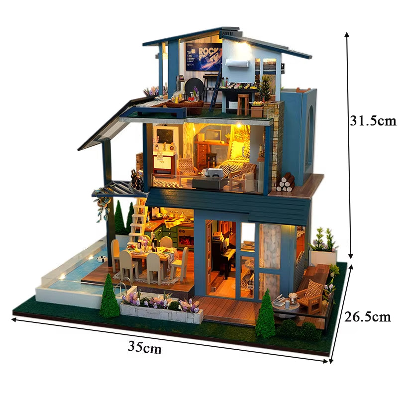 DIY Dollhouse Kit Sunshine Forest Villa Miniature House With Swimming Pool 3D Wooden Puzzles Diorama Scenery Casa Craft Kits