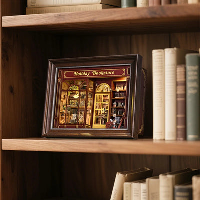 DIY Dollhouse Kit Holiday Bookstore 3D Miniature Frame Wooden Puzzles Wall Decor Doll House Craft Kits