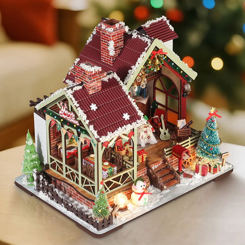 DIY Dollhouse Kit Christmas Lodge Miniature House Christmas Decor Gifts 3D Wooden Puzzles