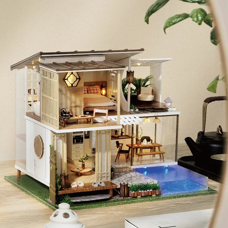 DIY Dollhouse Kit Modern Loft Casa Miniature House With Swimming Pool 3D Wooden Puzzles Diorama Scenery Craft Kits