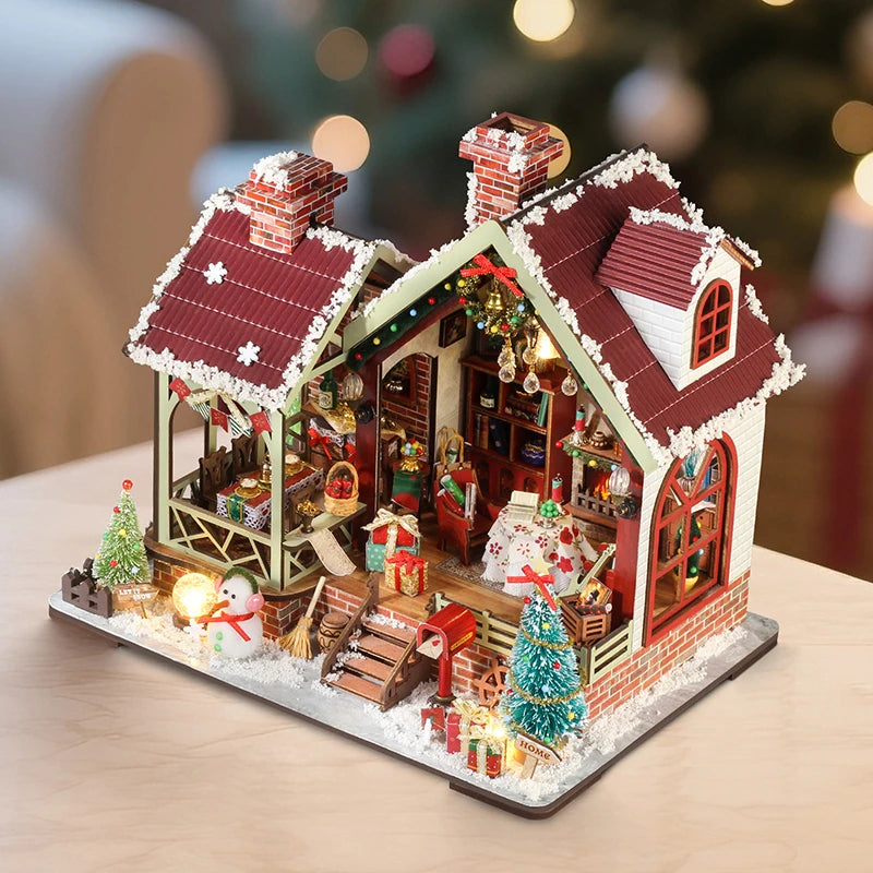 DIY Dollhouse Kit Christmas Lodge Miniature House Christmas Decor Gifts 3D Wooden Puzzles