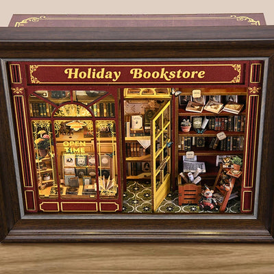 DIY Dollhouse Kit Holiday Bookstore 3D Miniature Frame Wooden Puzzles Wall Decor Doll House Craft Kits