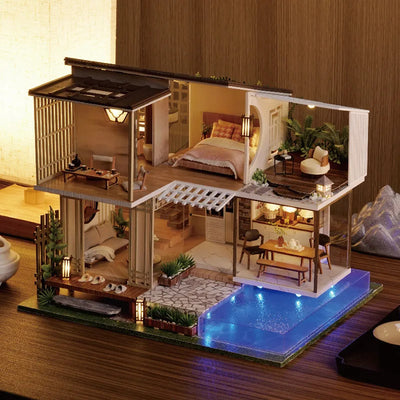 DIY Dollhouse Kit Modern Loft Casa Miniature House With Swimming Pool 3D Wooden Puzzles Diorama Scenery Craft Kits