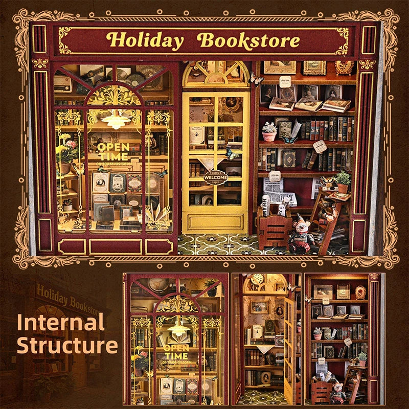 DIY Dollhouse Kit Holiday Bookstore 3D Miniature Frame Wooden Puzzles Wall Decor Doll House Craft Kits