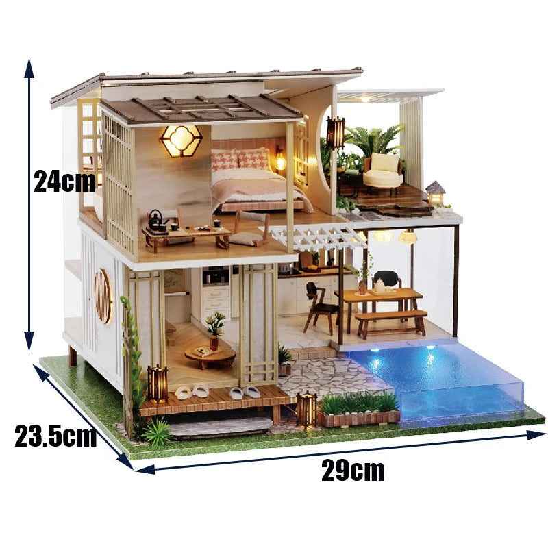 DIY Dollhouse Kit Modern Loft Casa Miniature House With Swimming Pool 3D Wooden Puzzles Diorama Scenery Craft Kits