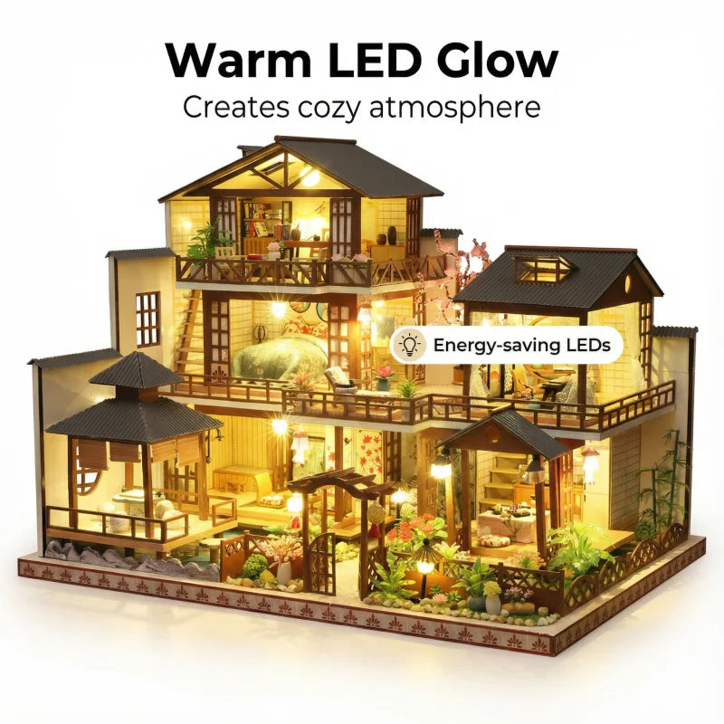 DIY Dollhouse Kit Zen Miniature House 3D Wooden Puzzles Ancient Japanese Style Doll House Craft Kits