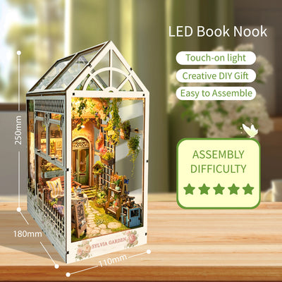 DIY Book Nook Kit Sylvia Garden Bookshelf Insert Greenhouse DIY Bookend Diorama Scenery Bookshelf Decor