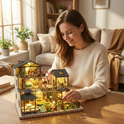 DIY Dollhouse Kit Zen Miniature House 3D Wooden Puzzles Ancient Japanese Style Doll House Craft Kits