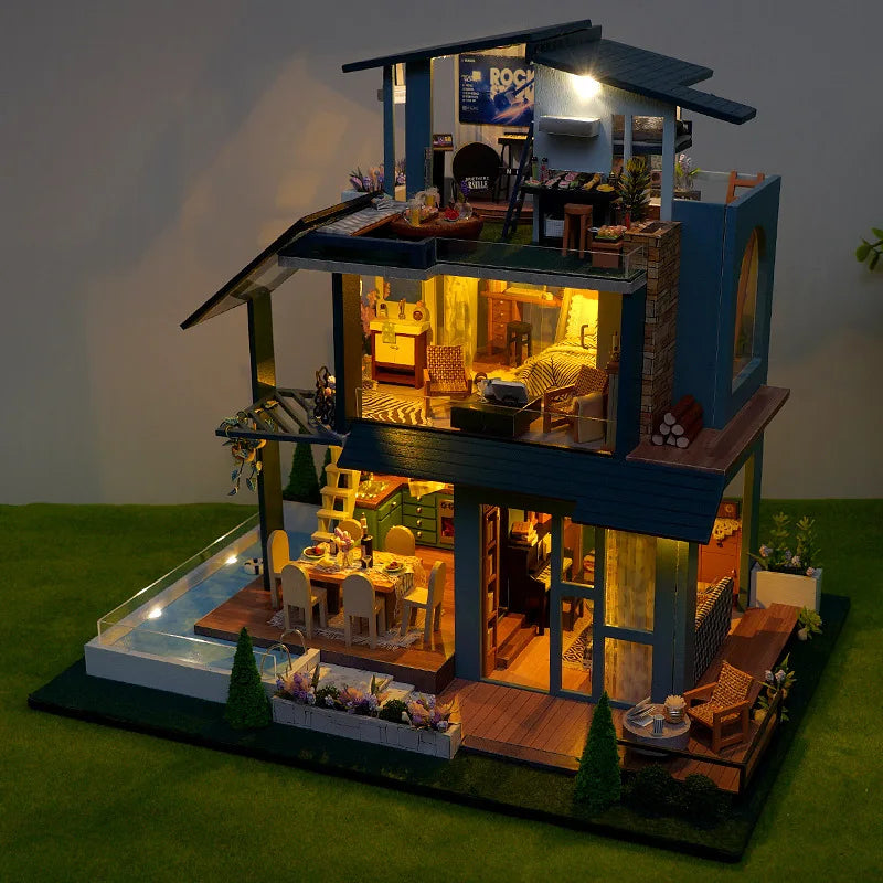 DIY Dollhouse Kit Sunshine Forest Villa Miniature House With Swimming Pool 3D Wooden Puzzles Diorama Scenery Casa Craft Kits
