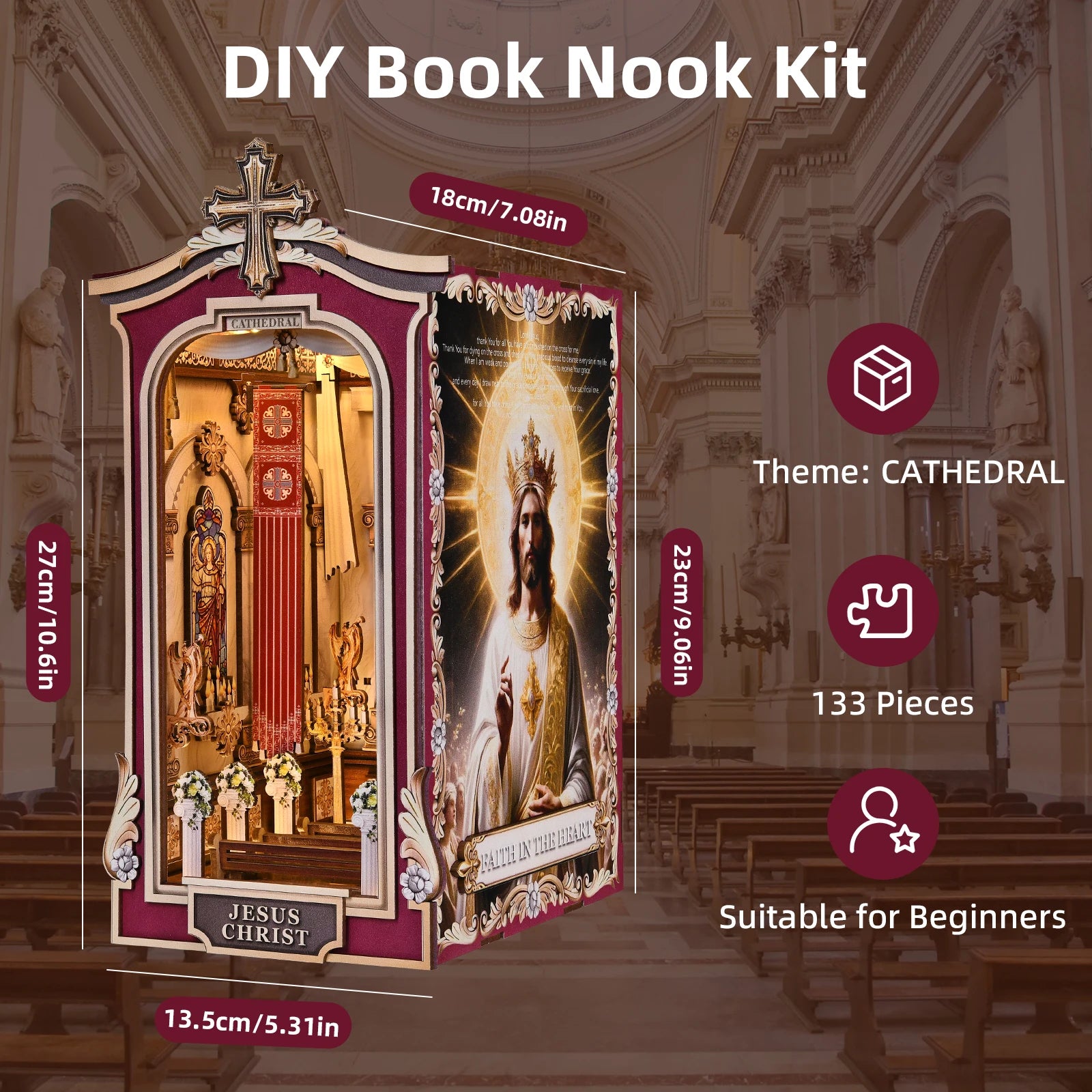 DIY Book Nook Kit Jesus Christ DIY Bookend Cathedral Diorama Scenery Church Prayer Room Bookshelf Decor