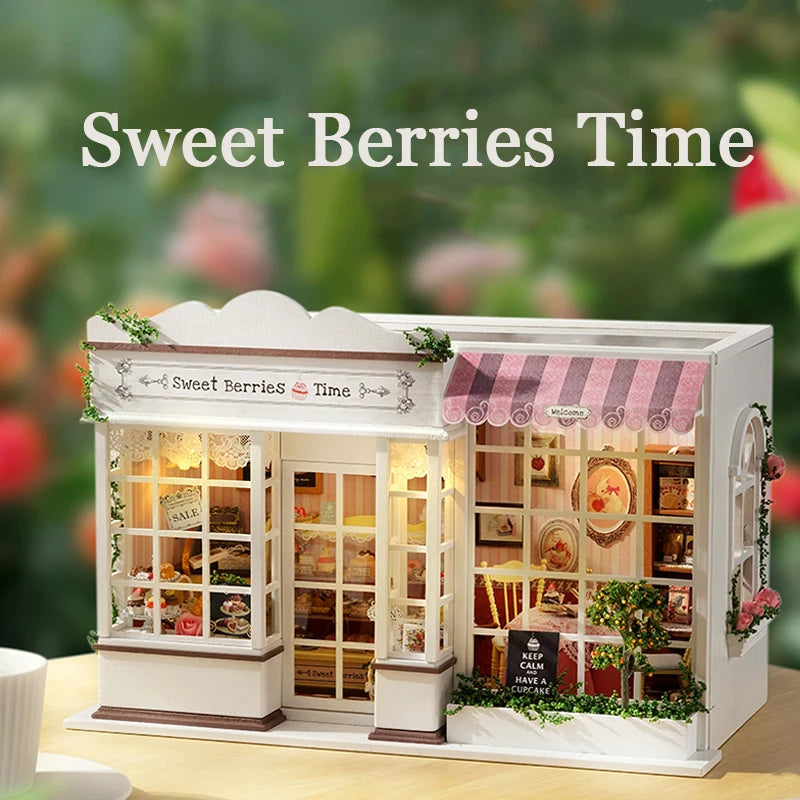 DIY Dollhouse Kit Sweet Berries Time Miniature Cake Shop 3D Wooden Puzzles Dessert Shop Diorama Scenery Casa Bakery