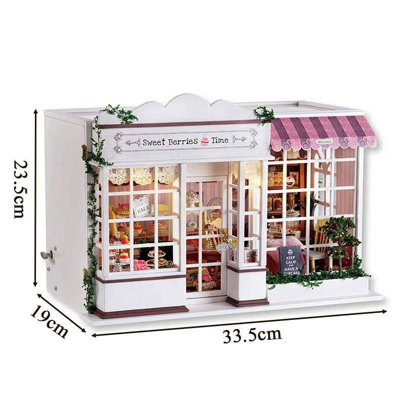 DIY Dollhouse Kit Sweet Berries Time Miniature Cake Shop 3D Wooden Puzzles Dessert Shop Diorama Scenery Casa Bakery