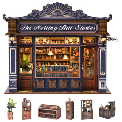 DIY Dollhouse Kit Notting Hill Bookstore Miniature Casa Dollhouse 3D Wooden Puzzles Library Diorama Scenery