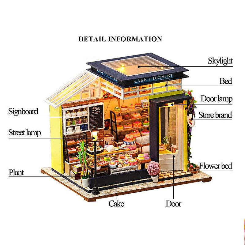 DIY Dollhouse Kit Cake & Desserts Miniature Casa Dollhouse 3D Wooden Puzzles Bakery Diorama Scenery