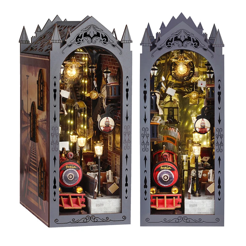 DIY Book Nook Kit Magic Train Platform DIY Bookend Railway Station Diorama Scenery Bookshelf Decor 3D Wooden Puzzles