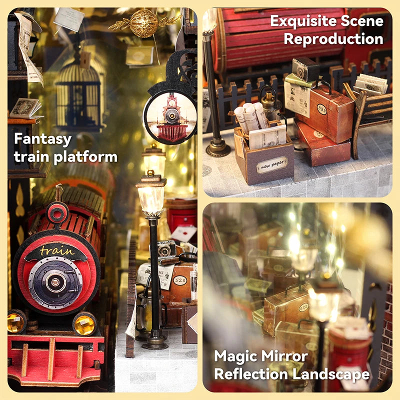 DIY Book Nook Kit Magic Train Platform DIY Bookend Railway Station Diorama Scenery Bookshelf Decor 3D Wooden Puzzles