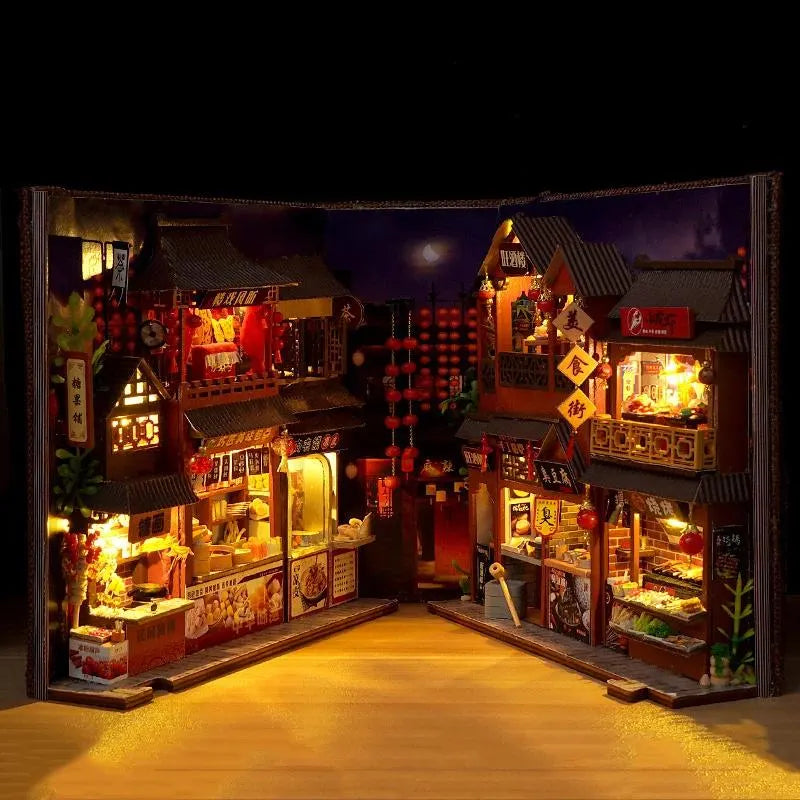 DIY Book Nook Kit Chinese Food Street Alley DIY Bookend Diorama Scenery 3D Puzzles Bookshelf Decor