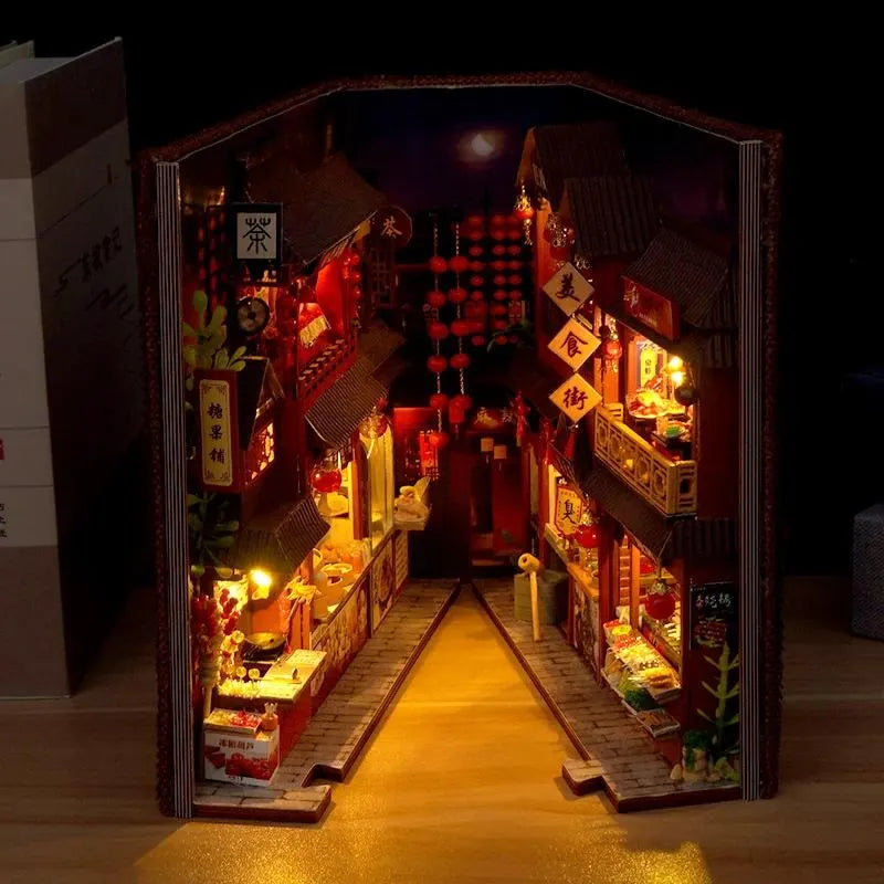 DIY Book Nook Kit Chinese Food Street Alley DIY Bookend Diorama Scenery 3D Puzzles Bookshelf Decor